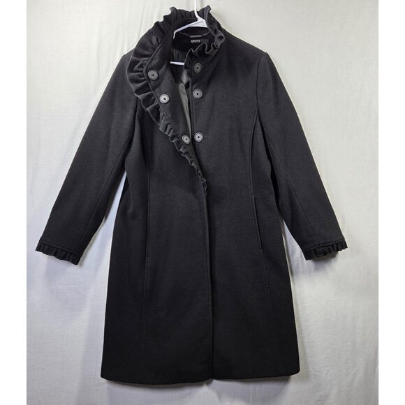 DKNY Coat Womens 12 Black Wool Cashmere Blend Ruffle Collar Long Dressy - Picture 2 of 10